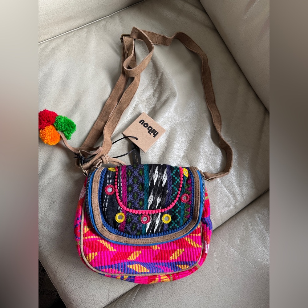 Hibou Colorful Embroidered Pom Pom Shoulder Bag Boho